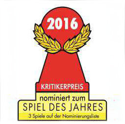 Rote Auszeichnung mit goldenen Lorbeerblättern, Text "2016", "Kritikerpreis", "nominiert zum Spiel des Jahres", drei Spiele.