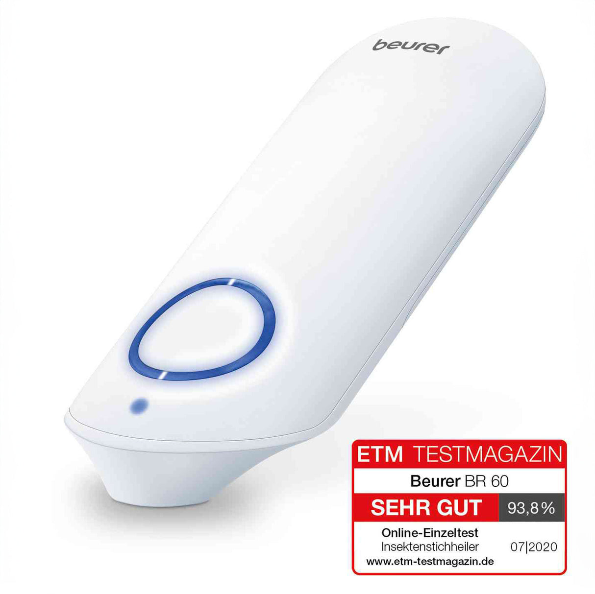 Insektenschutzmittel mit blauer Leuchte, weißes Gehäuse, Beurer-Logo, rote Bewertungstafel mit 93,8% Zufriedenheit.