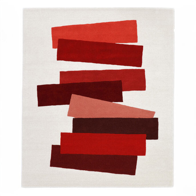 Abstraktes Gemälde mit roten, rosa und schwarzen Rechtecken auf weißem Hintergrund.