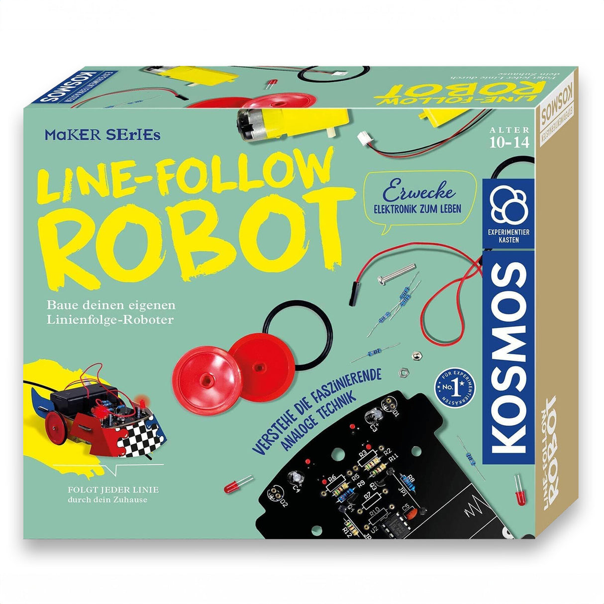 Bausatz für einen Line-Follow-Roboter mit elektronischen Komponenten und Anleitungen für Kinder.