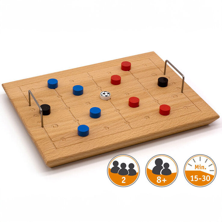 Holzfußballspiel mit blauen, roten und schwarzen Figuren, Spielregeln für 2 Spieler, ab 8 Jahren, Dauer 15-30 Minuten.
