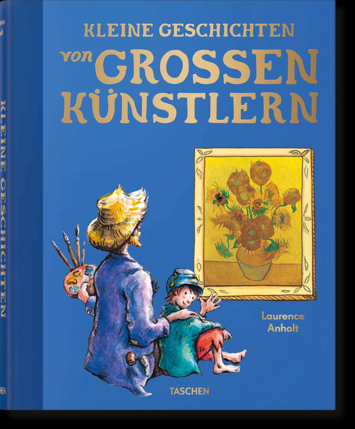 Buchcover mit blauer Hintergrund, Titel "Kleine Geschichten von großen Künstlern" und Illustration eines Mannes und Kindes