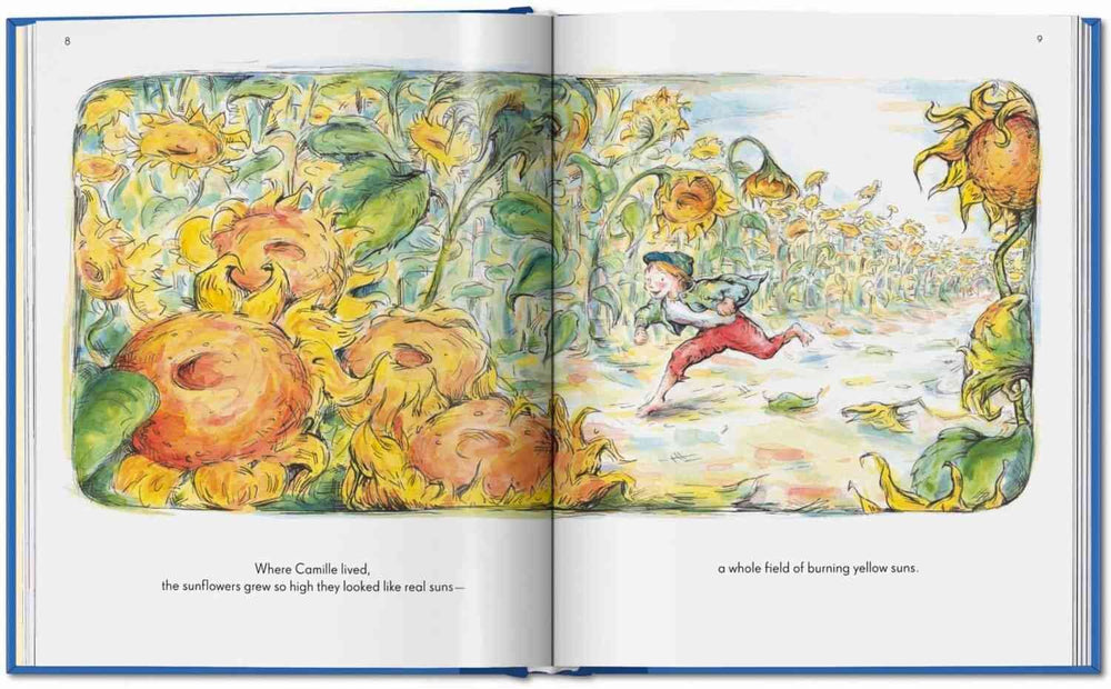 A Illustration of a girl running through a sunflower field with tall, yellow sunflowers on both sides.