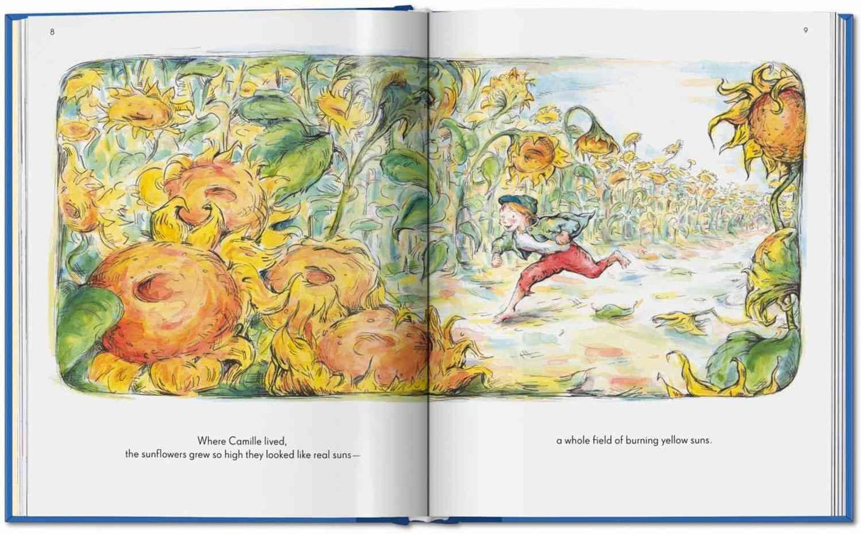 A Illustration of a girl running through a sunflower field with tall, yellow sunflowers on both sides.