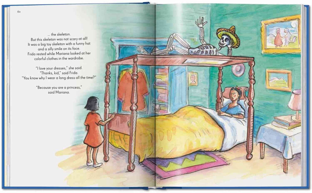 Illustration eines Mädchens im Schlafzimmer, das mit ihrer Mutter spricht, neben einem Himmelbett mit Skeleton