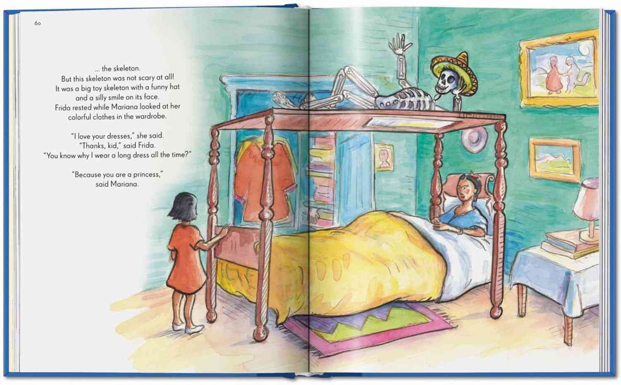 Illustration eines Mädchens im Schlafzimmer, das mit ihrer Mutter spricht, neben einem Himmelbett mit Skeleton