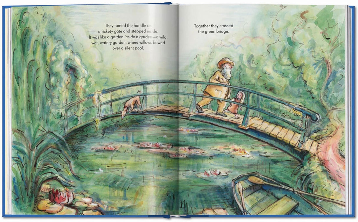 Illustration eines Mannes und eines Kindes auf einer Holzbrücke über einen Teich, umgeben von Bäumen und Wasserpflanzen.
