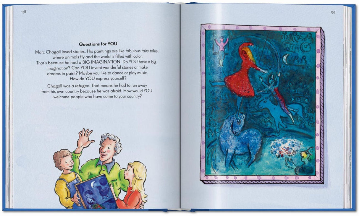 Zwei Kinder und ein Erwachsener betrachten ein Bild mit Tieren und Fantasiefiguren.