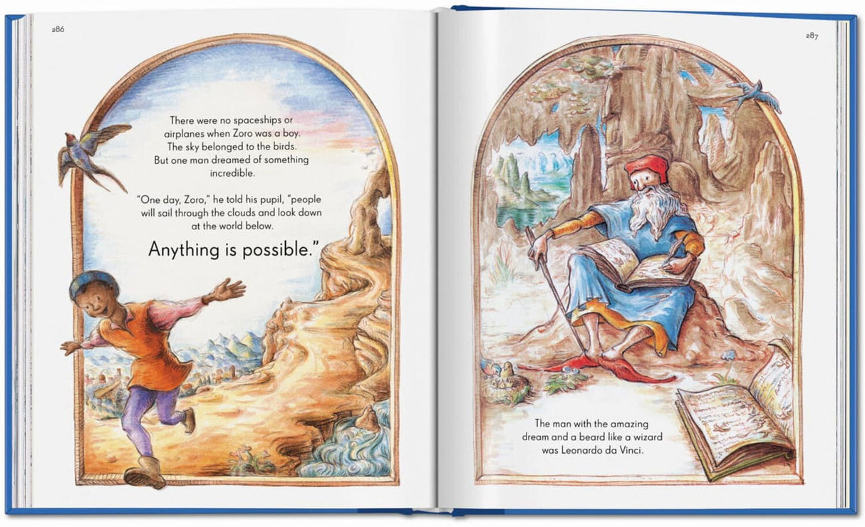 Linke Seite: Illustration eines Kindes, das durch eine Landschaft läuft, mit Text über Zoro und die Träume vom Fliegen.