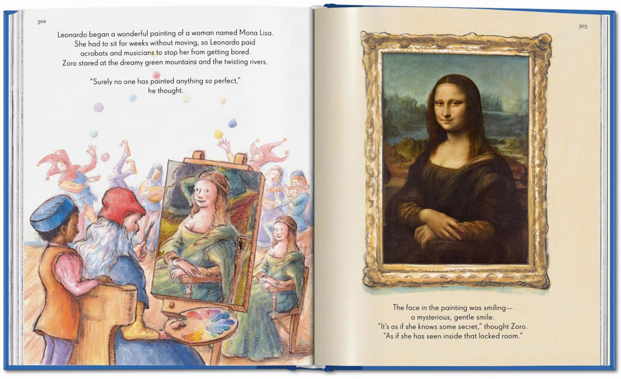 Linke Seite: Kinder malen eine Mona Lisa, um sie vor Langeweile zu bewahren, mit bunten Figuren und einem Staffelei.