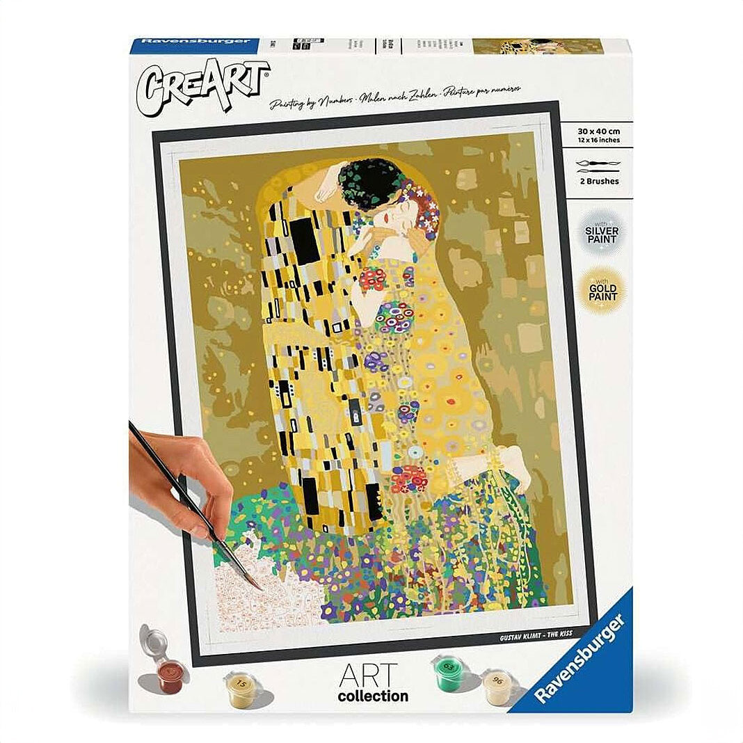Puzzle-Set mit einem Nachbild von Gustav Klimts "Der Kuss" in Gold- und Silbertönen, mit Pinsel und Farbbehältern.