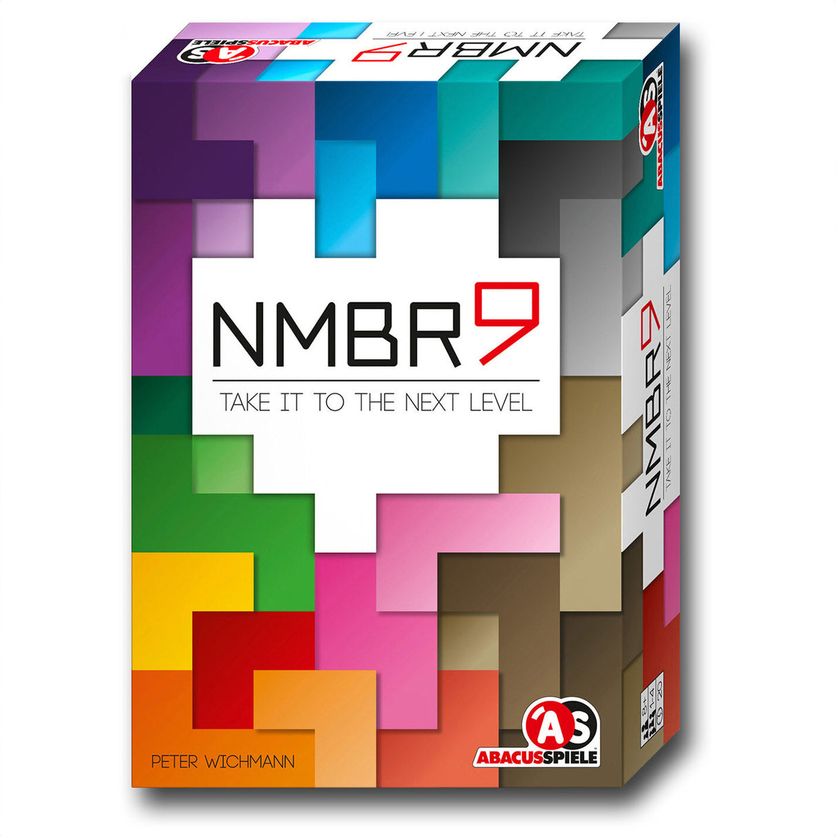 Brettspiel-Box mit bunten, pixelartigen Quadraten und dem Titel "NMBR 9"