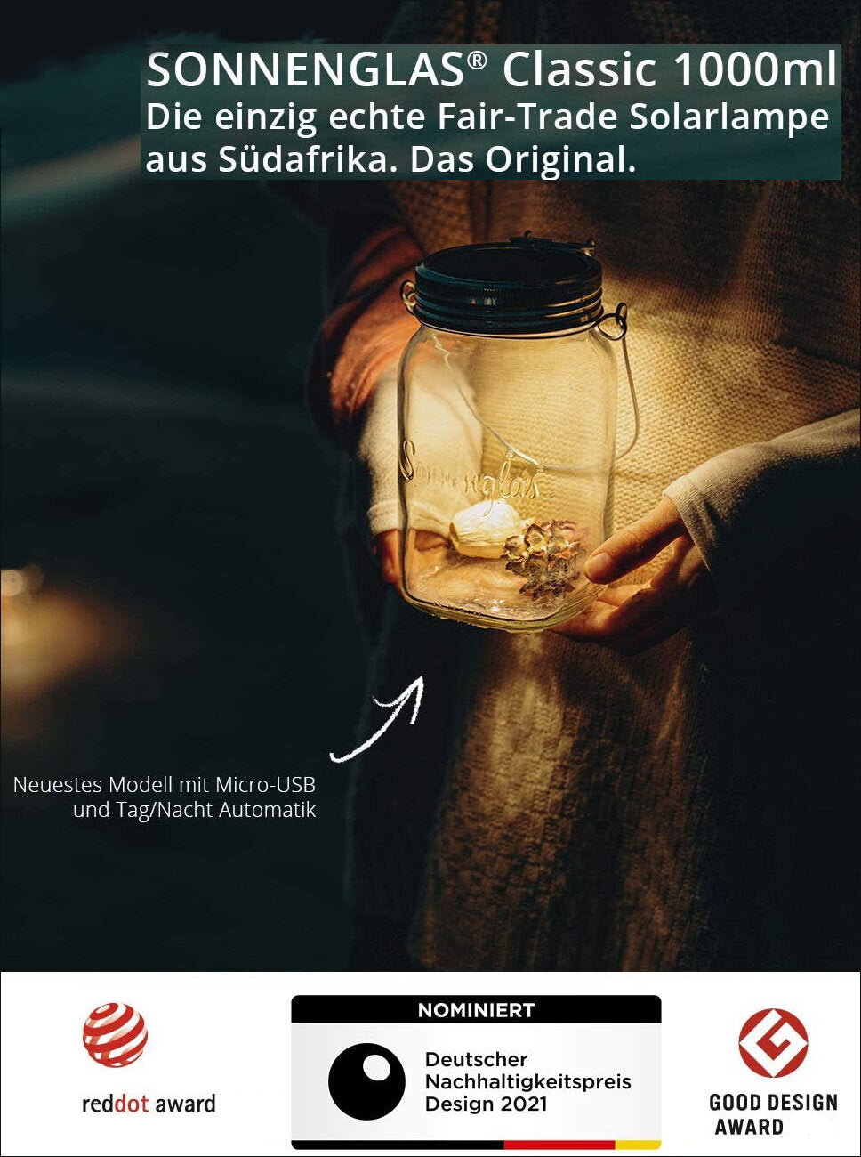 Person hält ein Glas mit Solar-Lampe, Text über Solar-Lampe aus Südafrika, Awards und Nominierungen.