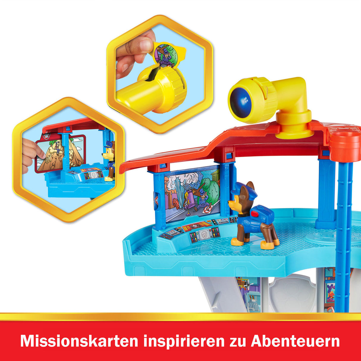Spielzeug-Playset mit Hund, Fernsteuerung, Monitor und Missionkarten für Abenteuer.