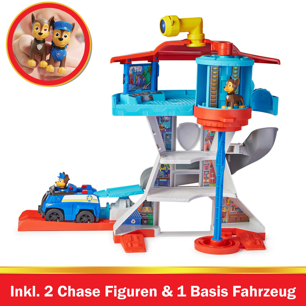 Spielzeug-Rettungsturm mit Feuerwehr- und Polizeifiguren, Fahrzeug und Zubehör.