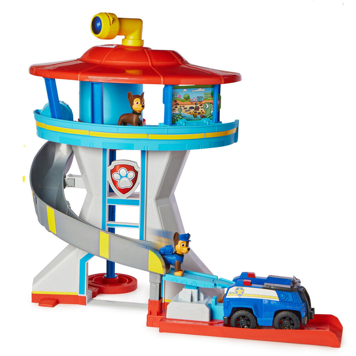 Spielzeug-Rettungsturm mit Polizei- und Tierfiguren, Rutsche und Polizeiwagen.