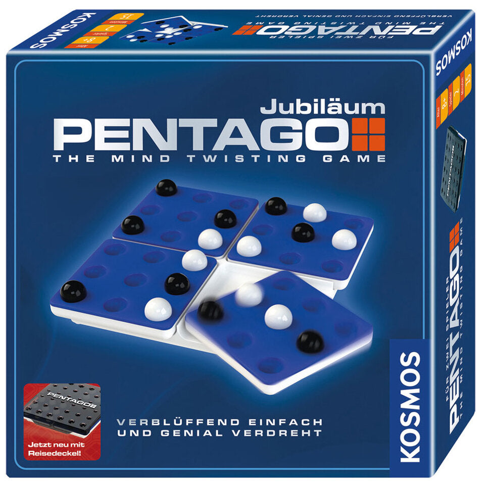 Brettspiel-Box "Pentago Jubiläum" mit blauen Spielplatten, schwarzen und weißen Kugeln, Logo und Text.