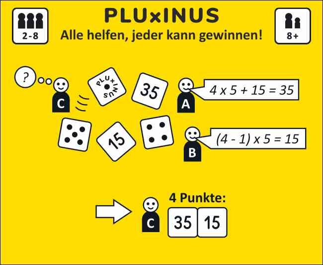 Grafik mit mathematischen Aufgaben, Figuren, Zahlen und einem lachenden Gesicht, Titel "PLUXINUS"