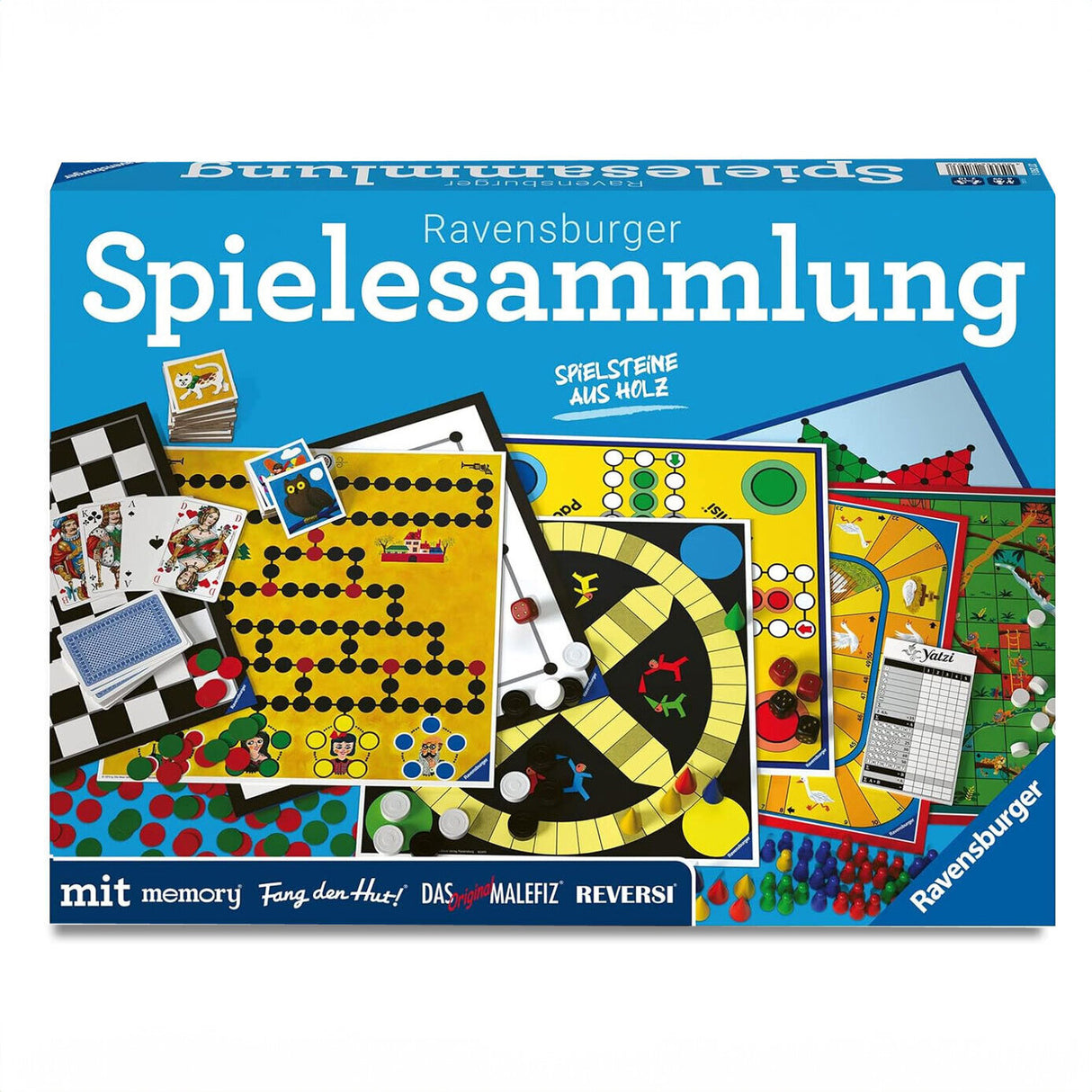 Brettspiel-Set mit verschiedenen Spielen, Karten, Spielfiguren und Spielmaterialien in bunter Verpackung.