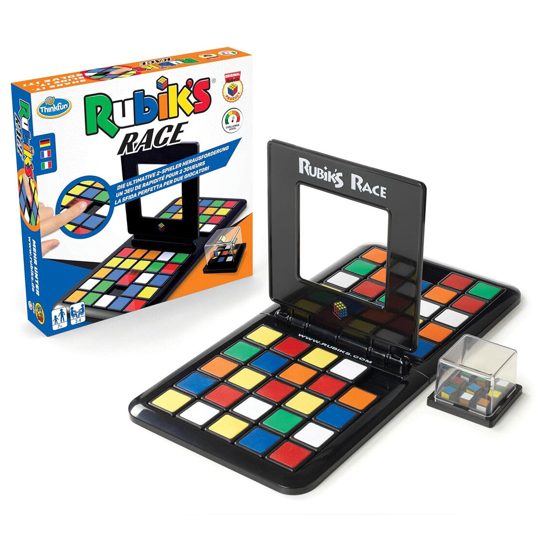 Rubik's Race Spiel mit Klappbrett, farbigen Quadraten und Würfel, in Originalverpackung.