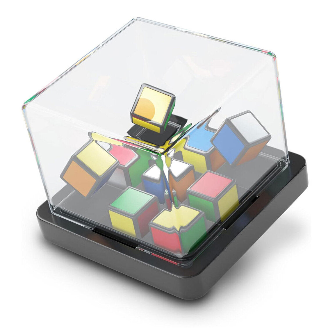Rubik's Cube in einem transparenten Gehäuse auf schwarzem Sockel.