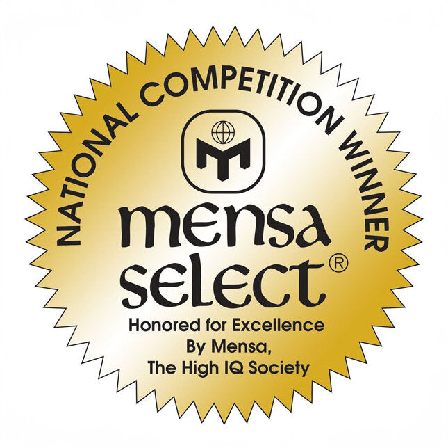 Goldene Siegel mit schwarzem Text: "National Competition Winner", "Mensa Select", "Honored for Excellence", "By Mensa