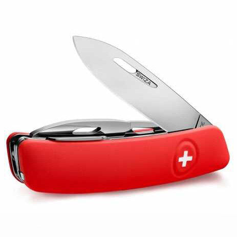 Rotes Taschenmesser mit Schweizer Kreuz-Logo, geöffnet mit einem Messer.