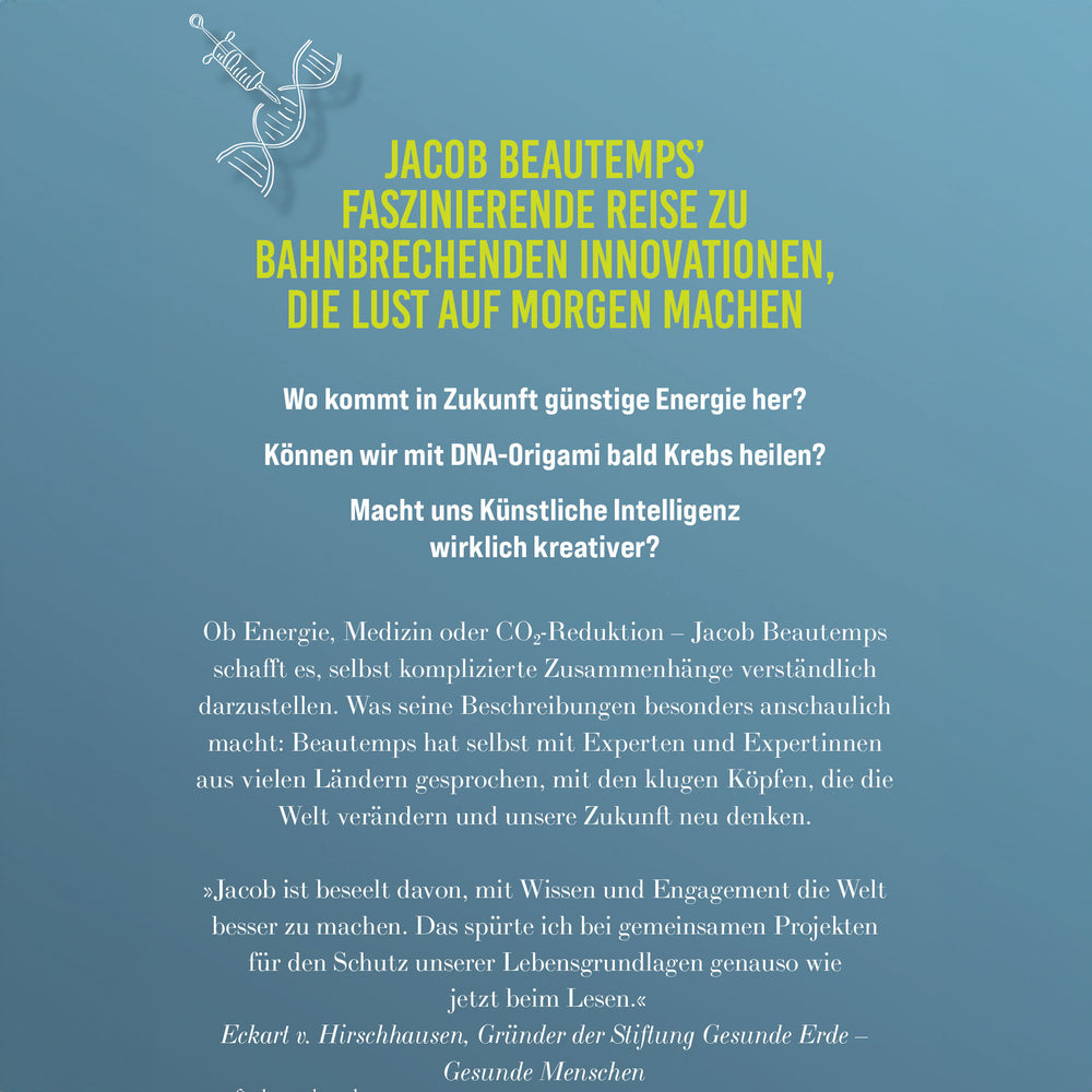 Text über Jacob Beautemps' Reisen zu Innovationen, Energie, DNA-Origami, KI und nachhaltiger Zukunft.