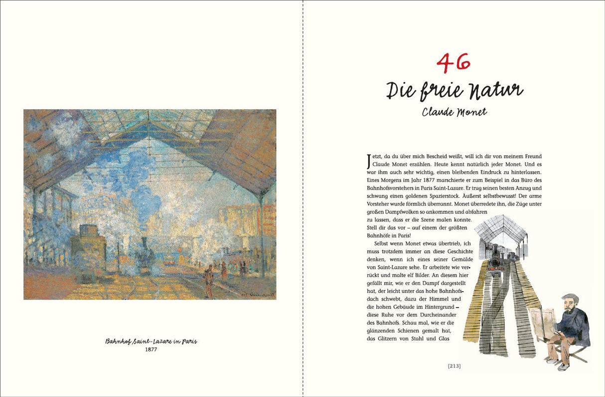 Linke Seite: Impressionistisches Gemälde eines Bahnhofs mit Dach, Zügen und Menschen, Beschriftung: "Bahnhof Saint-Lazare in Paris