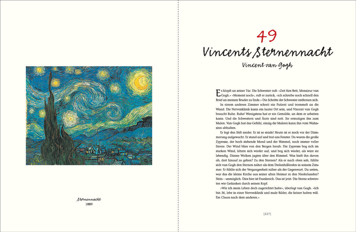 Seiten eines Buches mit einem Gemälde von Vincent van Gogh "Sternennacht" auf der linken Seite und Text auf der rechten Seite.