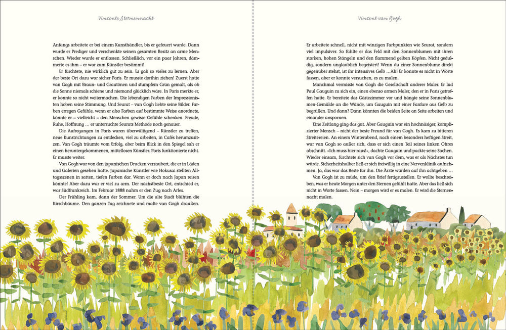 Illustration eines Sonnenblumenfelds mit kleinen Häusern und Bäumen im Hintergrund.