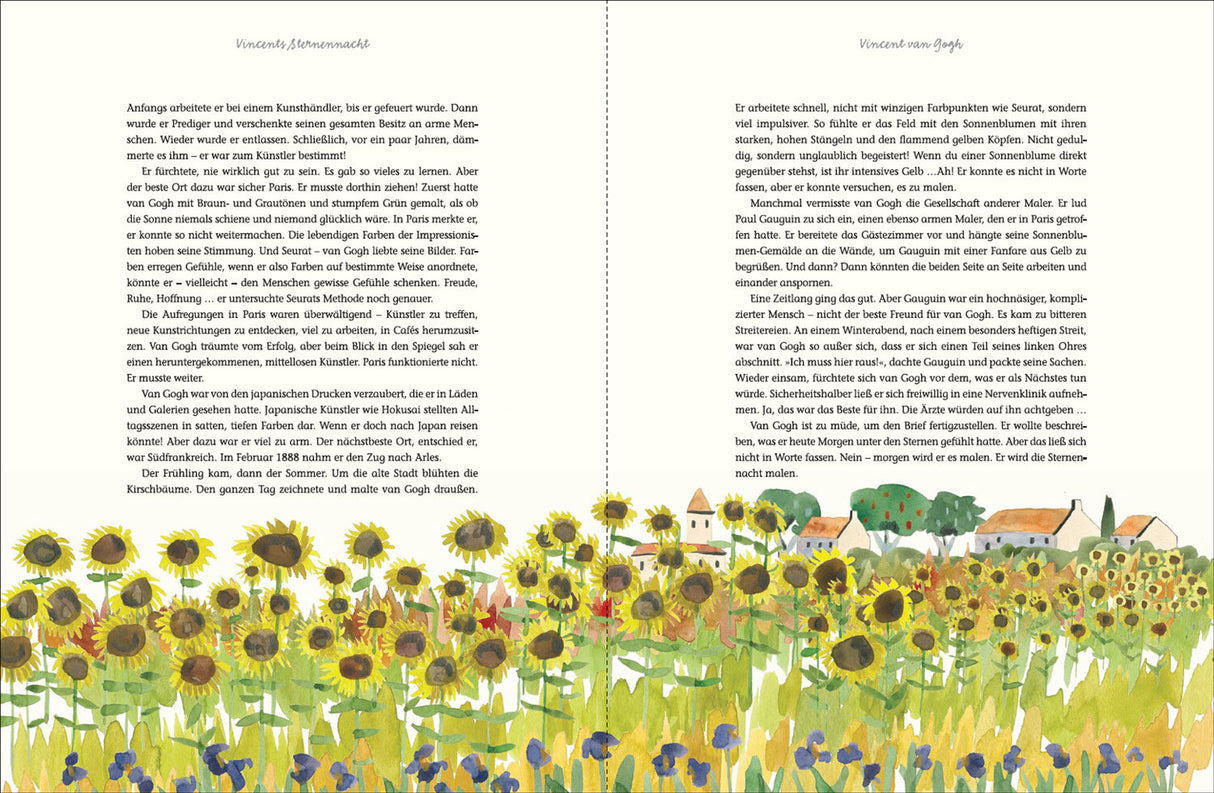 Illustration eines Sonnenblumenfelds mit kleinen Häusern und Bäumen im Hintergrund.