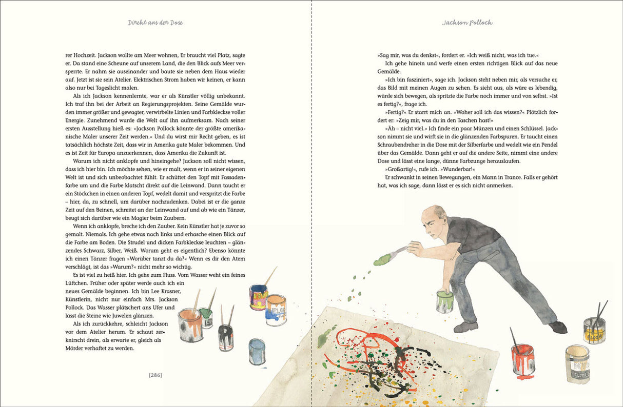 Illustration eines Mannes beim Malen mit Farben und Pinsel, neben einer Farbpalette und einem Kunstwerk auf dem Boden.