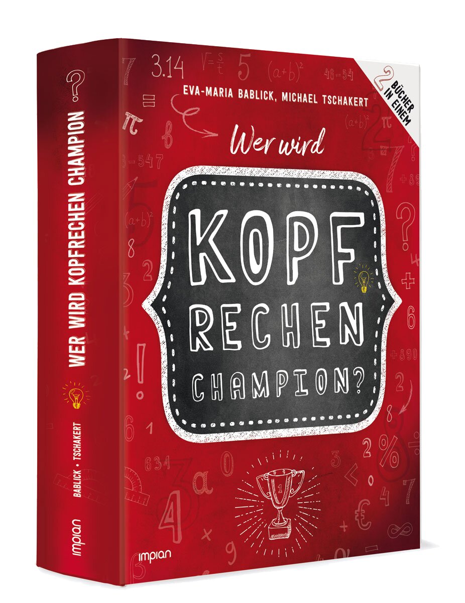 Buchcover mit rotem Hintergrund, Titel "Wer wird Kopf rechnen Champion?" und Illustrationen von Mathe-Symbolen und einem Pokal.