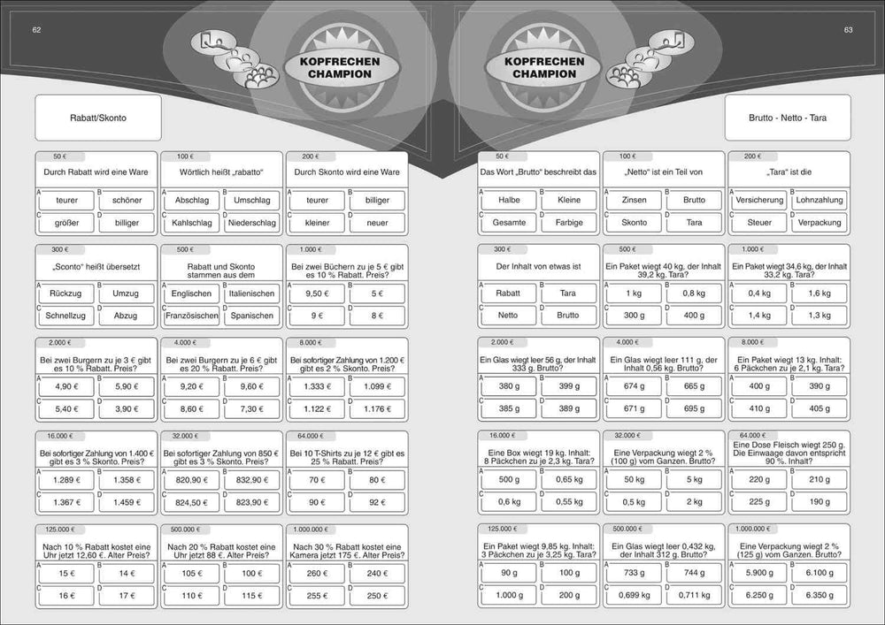 Zwei Doppelseiten mit Preisfragen, Vergleichstabellen und Texten zu Rabatten, Gewichten und Produkten.