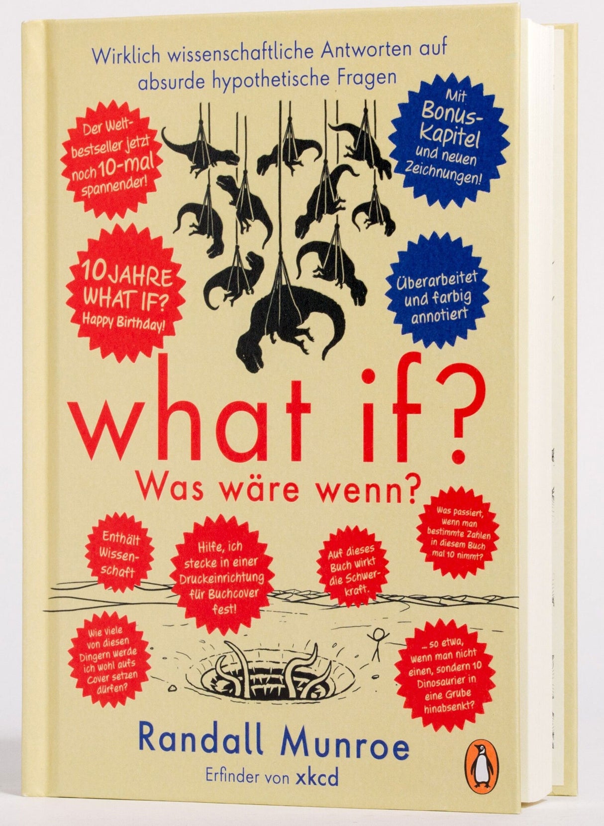 Buchcover mit schwarzen Dinosauriern, roten und blauen Sprechblasen, Titel "what if? Was wäre wenn?", Autor Randall Munroe.