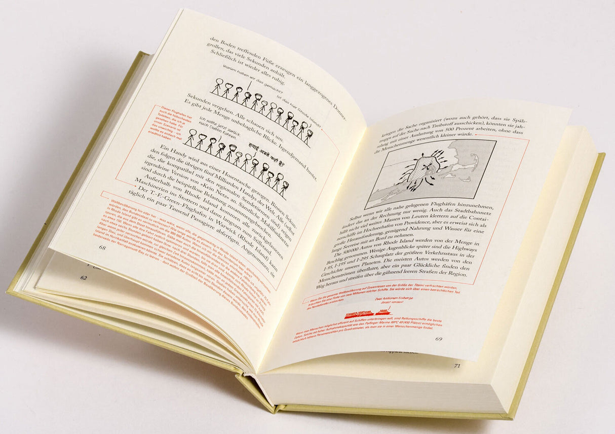 Offenes Buch mit Texten, Illustrationen und roten Kommentaren auf weißen Seiten.