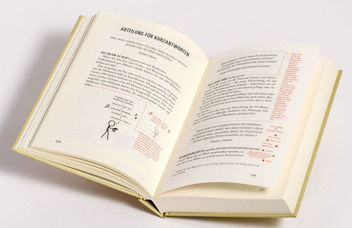 Offenes Buch mit Texten, Überschriften, roten Markierungen und kleinen Illustrationen auf weißen Seiten.