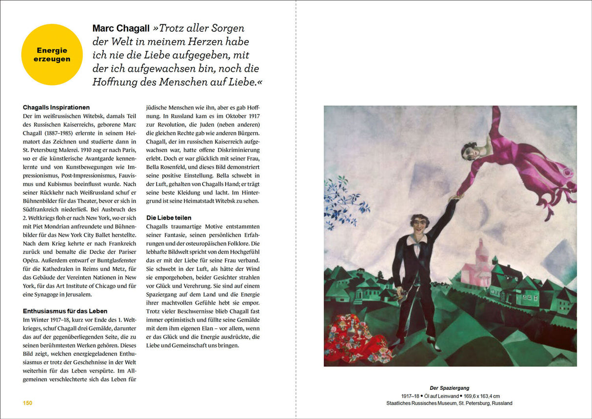 Malerisches Bild eines Mannes in Anzug hält eine tanzende Frau in pinkem Kleid in der Luft, im Hintergrund eine Stadtlandschaft.