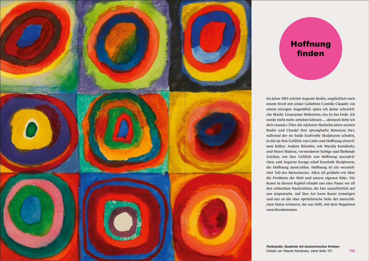 Neun bunte, abstrakte Quadrate mit konzentrischen Kreisen in verschiedenen Farben.