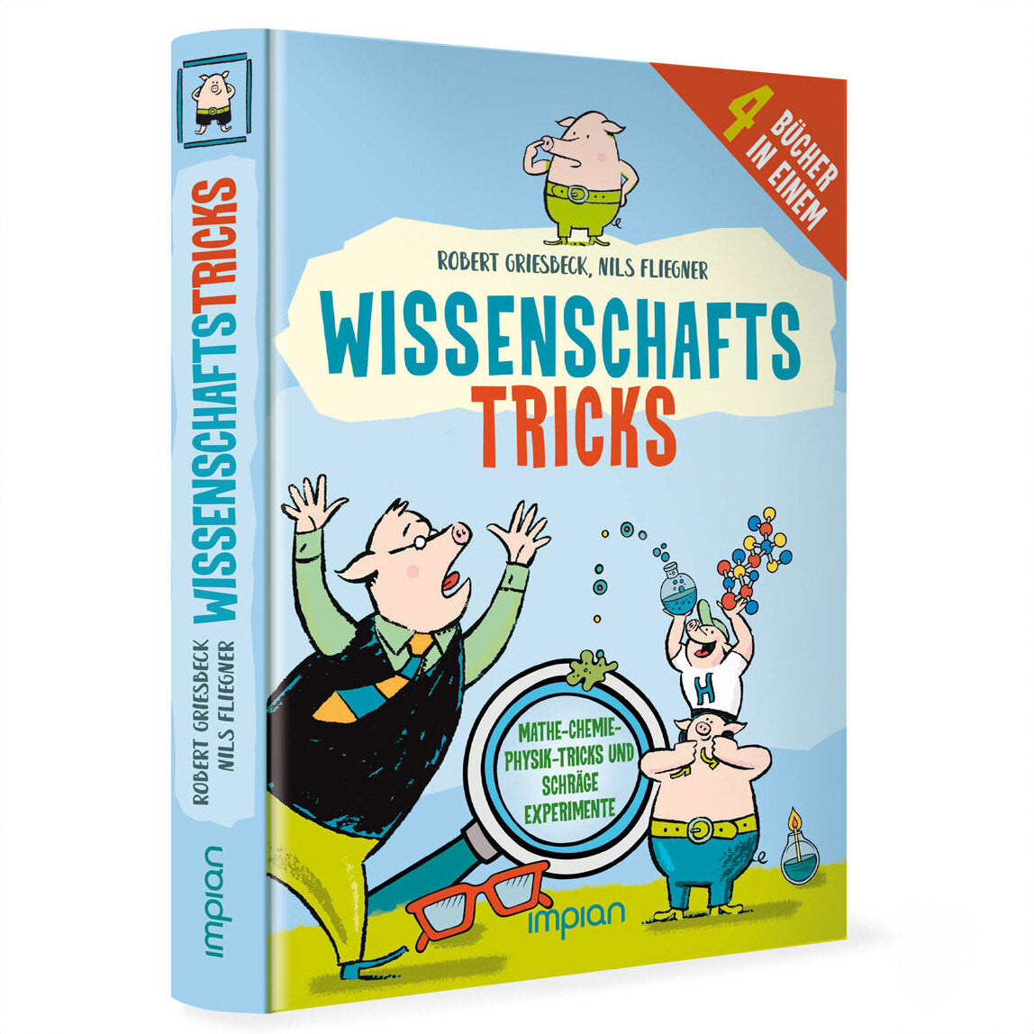 Buchcover mit Comic-Piggy-Charakteren, chemischen Experimenten und dem Titel "Wissenschafts Tricks".