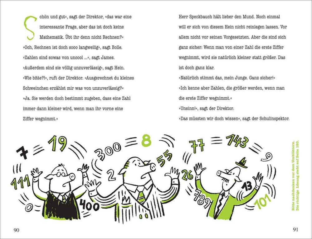 Illustration von drei fröhlichen Schweinen in Anzügen, die Zahlen in die Luft werfen, mit mathematischem Text im Hintergrund.