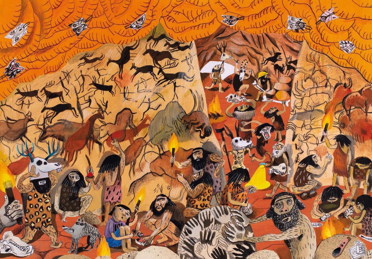 Höhlenmalerei mit Menschen, Tieren, Feuer und Jagdszenen in einer prähistorischen Höhle.