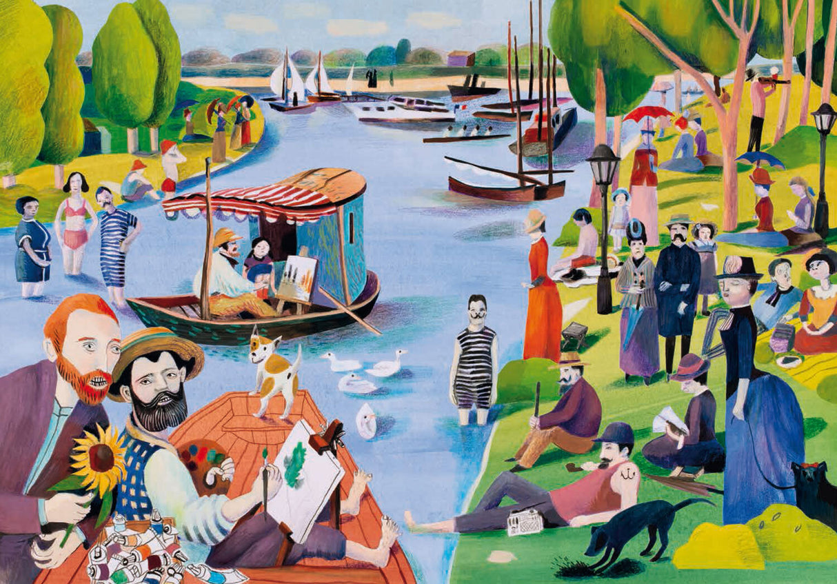 Menschen am Fluss, Boote, Bäume, Segelboote, Künstler, Tiere, Park, Spaziergänger, Sitzende und stehende Personen.