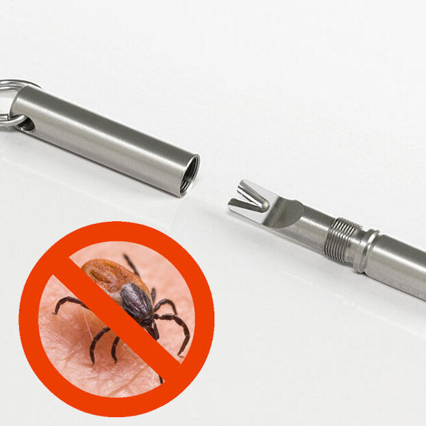 Zecke mit Entferner, rotes Symbol mit Zecke und Durchstreichung.