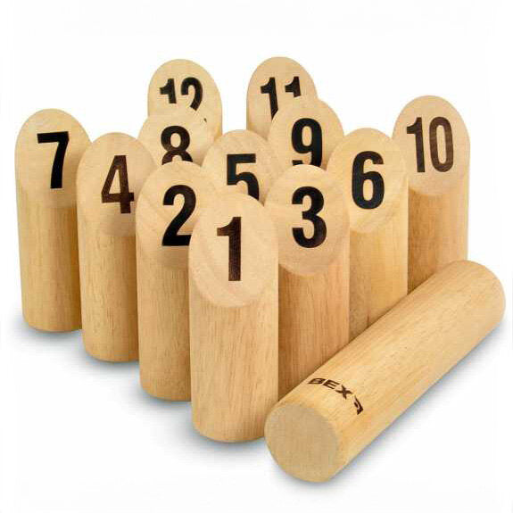 Holzspiel mit nummerierten, zylindrischen Stäben, die von 1 bis 12 durchnummeriert sind.