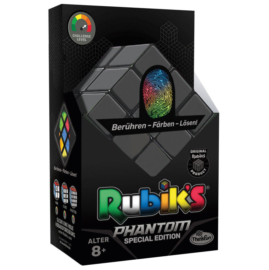 Schwarze Verpackung mit Rubik's Cube, Fingerabdruck und Text "Berühren – Farben – Lösen!", für Kinder ab 8 Jahren.