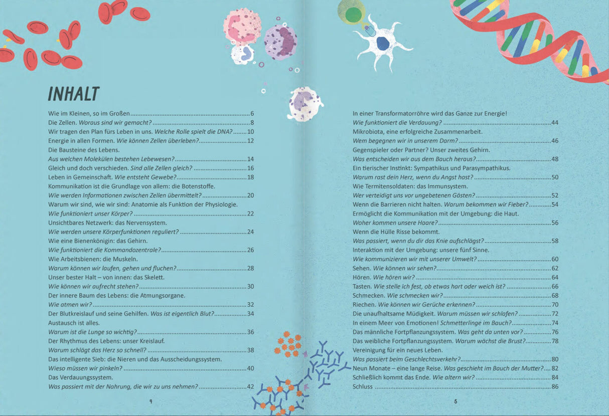 Inhalt eines Buchs über den menschlichen Körper und Leben, mit Illustrationen von Zellen, DNA, Nervensystem und mehr.