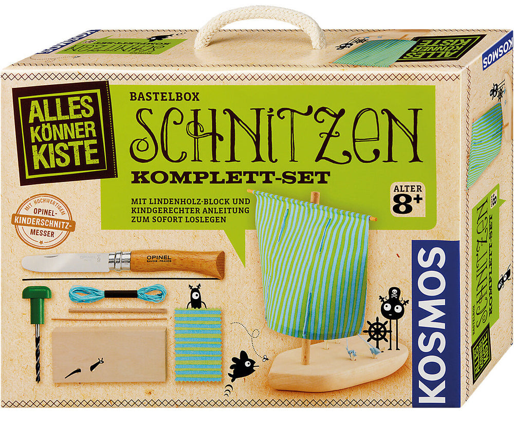 Bastelset zum Schnitzen eines Schiffes mit Holzblock, Messer, Bohrer, Schnur und Stoffsegel, für Kinder ab 8 Jahren.