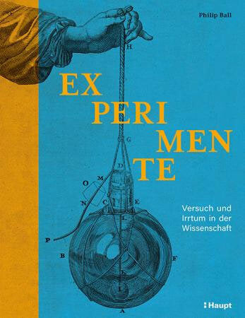 Buchcover mit blauer und gelber Gestaltung, Titel "Experiment" und Illustration eines Hand mit Faden, der eine Glaskugel hält.